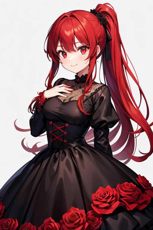  1 beautiful girl with pieces 　Shows up to the waist　 short stature 　Baby Face　 long golden hair　 put your hair in a ponytail 　Red eyes　Bright smile　Black and red dress　Black lace　Red Rose