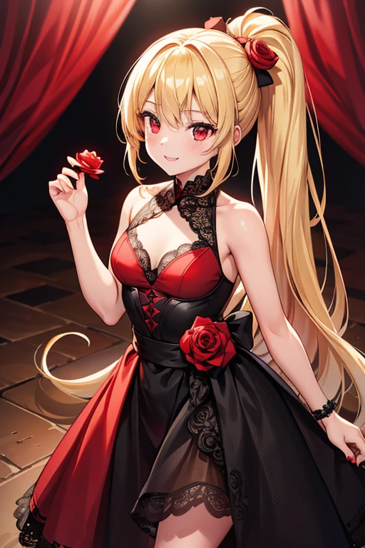  1 beautiful girl with pieces 　Shows up to the waist　 short stature 　Baby Face　Blonde　 long golden hair　 put your hair in a ponytail 　Red eyes　Bright smile　Black and red dress　Black lace　Red Rose