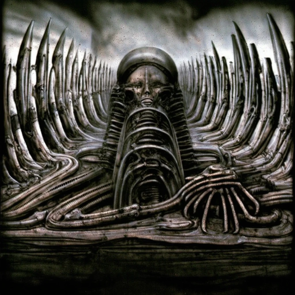 H. R. Giger's g1g3r, , Giger_style,  create biomechanical landscape by Hans Rudie Giger composed of fossilized and mummified alien life forms. Image depicts a strange and dreamlike, combines biological and mechanical ,managed  to dreamlike quality.
That achieved through brushwork or airbrushing techniques that create smooth, curving forms alongside sharp edges and straight lines.
 Centralized recognizable shapes of skulls, rib cages, and spines, all intertwined with tubes and cables. These shapes suggest fossilized mummified alien life forms. Central skeletal structures and what appears to be a ribcags made of (ivory with clear signs of charring and weathering) in the foreground are the most identifiable organic elements. The mechanical elements are evident in the wires and tubes emanating from the skeletals, as well as the silfoned plastic tubes. In the background shapes are visible that could be interpreted as other fossilized or mummified alien life.
Light source from the top highlights skeletals, upper part of foreground, lower part of image is in shadow. Use of light and shadow creates a sense of depth and dimension.
Artist might bathe composition in an unnatural, otherworldly light, highlighting the stark contrast between the human and mechanical elements. Shadows would writhe and twist, adding to the overall sense of disorientation and dread.
Giger's meticulous attention to detail would come into play here, as he adorns forms with intricate biomechanical implants and enhancements. These elements would be both beautiful and grotesque, blurring the line between lifeform and machine
Central labyrinthine yet constructively and solid organized abomination is focal point ,uplight illuminates it, draws viewer's eye to it. 
Work is sxually suggestive, in the way that it depicts the human form, as well as in the use of bio-organic forms that resemble sxual organs.
Surfaces are heavily covered with tin dots of dark paint (best quality:1.4), H.R. GIGER,  BY GIGER