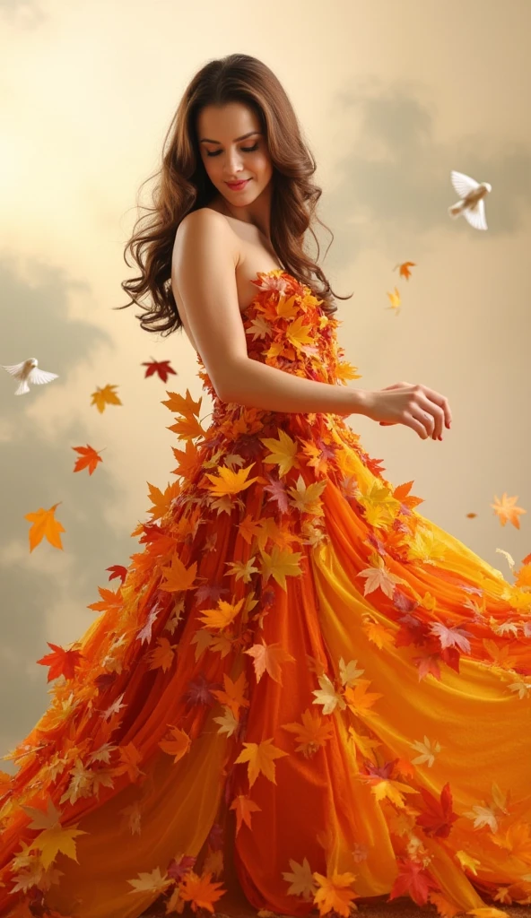 A graceful female figure in a flowing dress made entirely of vibrant autumn leaves, featuring shades of orange, red, and yellow. The scene is set against a soft, blurred background with muted tones that evoke an ethereal atmosphere. Delicate birds are flying in the distance, adding a sense of motion and freedom. The overall aesthetic leans towards hyperrealism, showcasing intricate details in the leaves and the figure's pose, which conveys elegance and fluidity. The composition captures the essence of transformation and the beauty of nature in transition, with leaves gently swirling around her. The lighting is warm and inviting, enhancing the rich colors of the foliage.