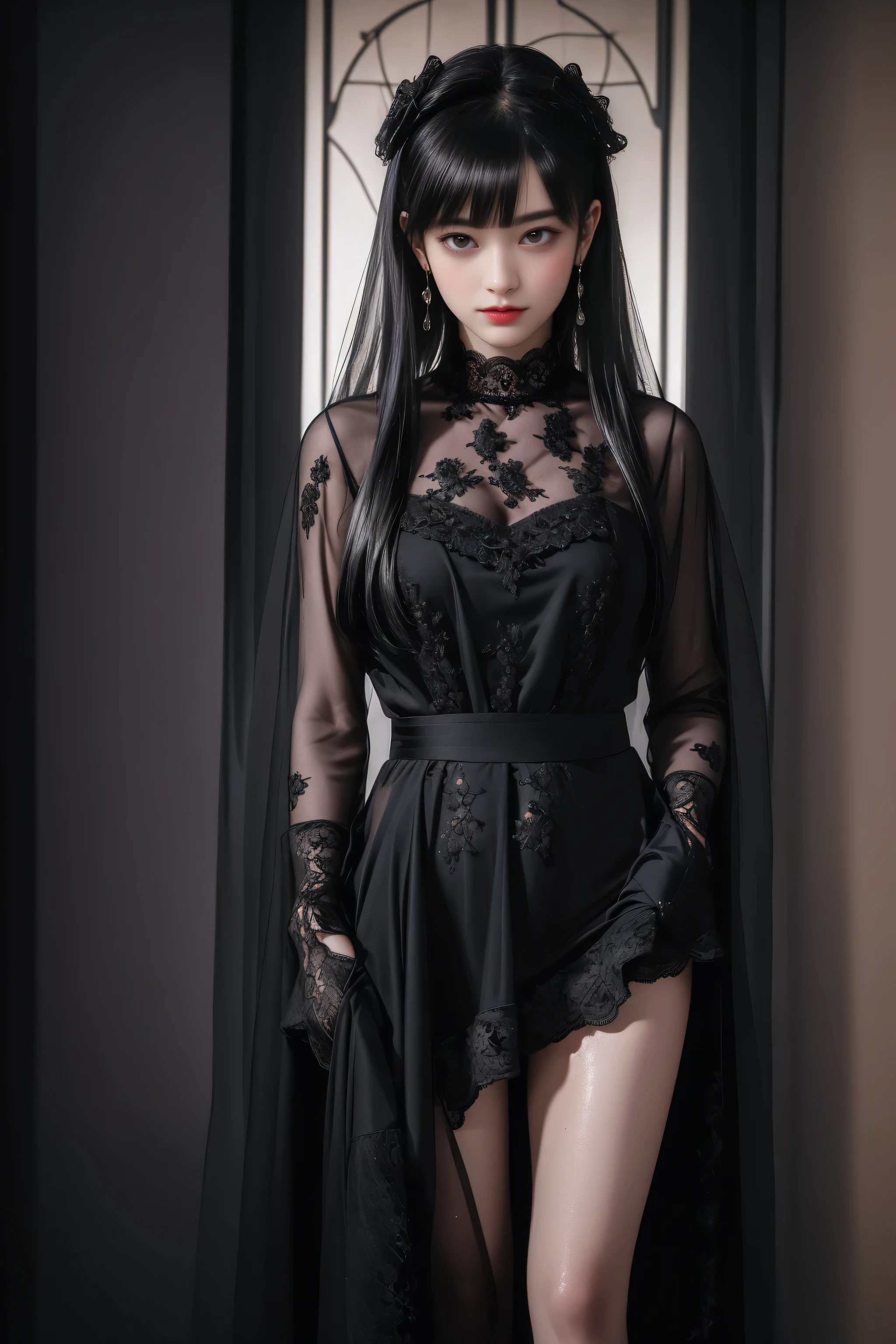 Delicate and dainty young woman with shiny black hair . She is wearing bright grey. The background is a fantastic and ethereal night sky that seems to be haunted by a specter. Her expression is stern and atmospheric. Angle from directly below. 