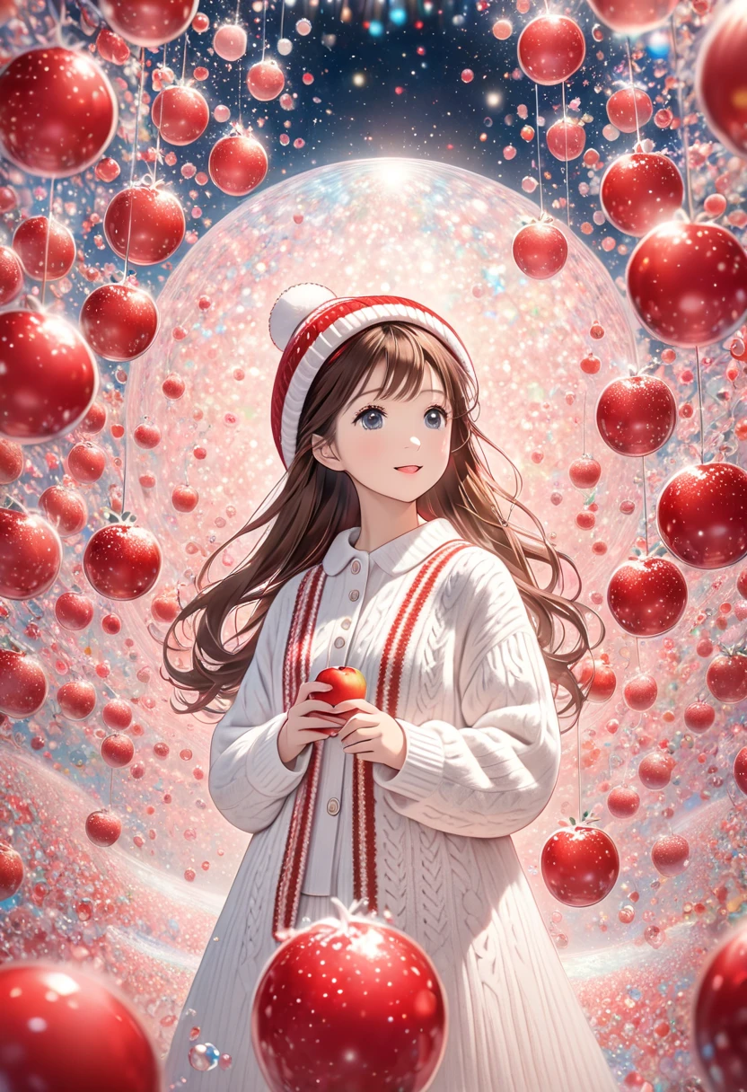 1cute***_knit_white,  red_hat，(dynamic_     look up   _ Rotate)++,    long hair_   brown hair, (particle_ Surroundings _body)+, slim_body, (  Surrounded  _apple_cute_Glass)，pastel_Pom-pom_Wave，Asahi，  dramatic scene  ，   Hi-Res，delicate，Warm Textures  ，The image is Morning  ♪