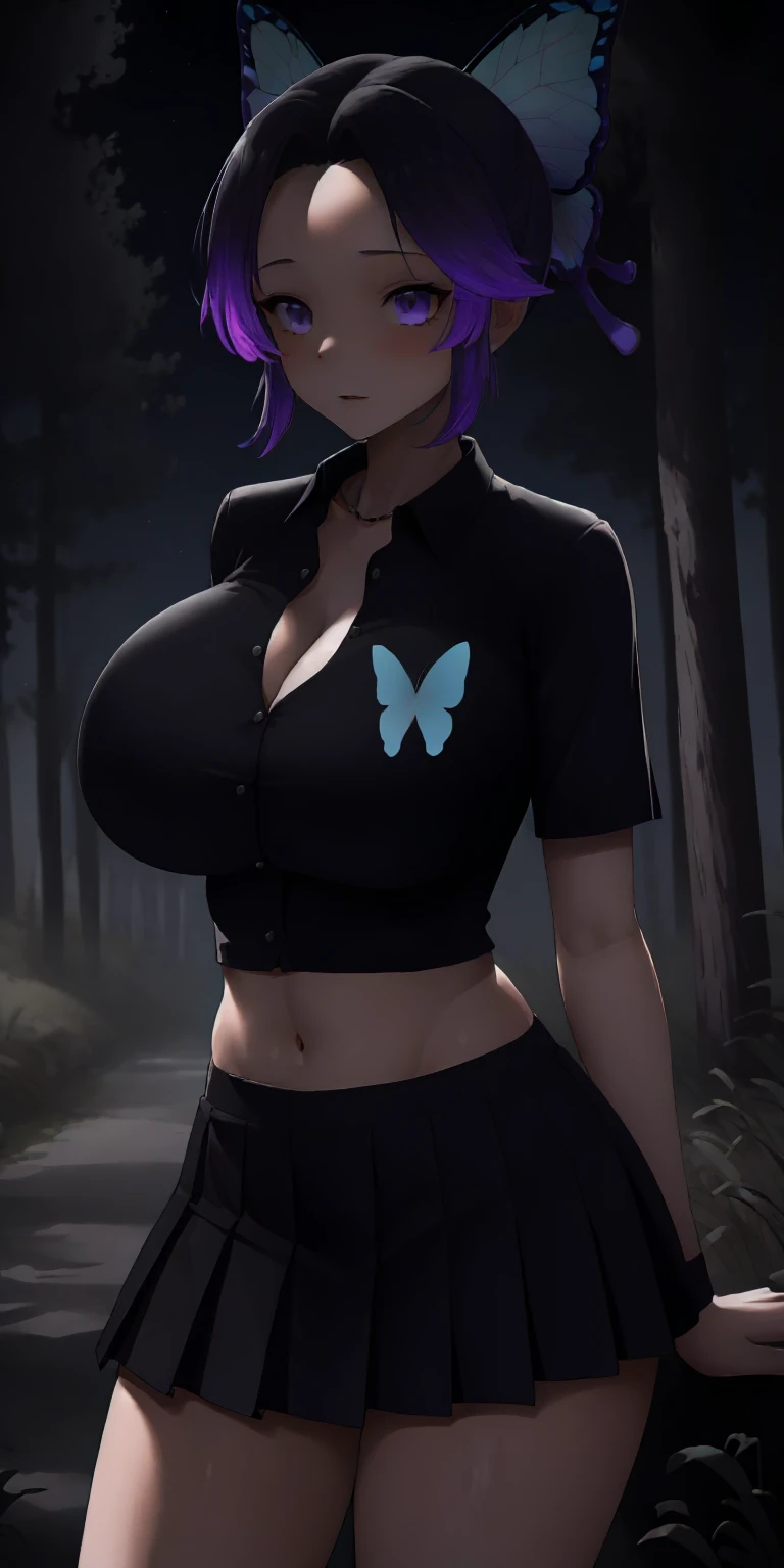 masterpiece, best quality, extremely detail 8k cg, high resolution, 1girl, solo, mature female, shinobu kochou, animal print, black hair, butterfly hair ornament, butterfly print, forehead, gradient hair, hair ornament, multicolored hair, parted bangs, purple hair, short hair, two-tone hair, tan skin, jewelry, big boobs, gigantic breasts, cleavage, pleated skirt, miniskirt, black shirt, taut clothes, midriff, navel, tutututu, night time, outdoors, forest, beautiful face, medium full shot, (at night, darkness, no light:1.4)