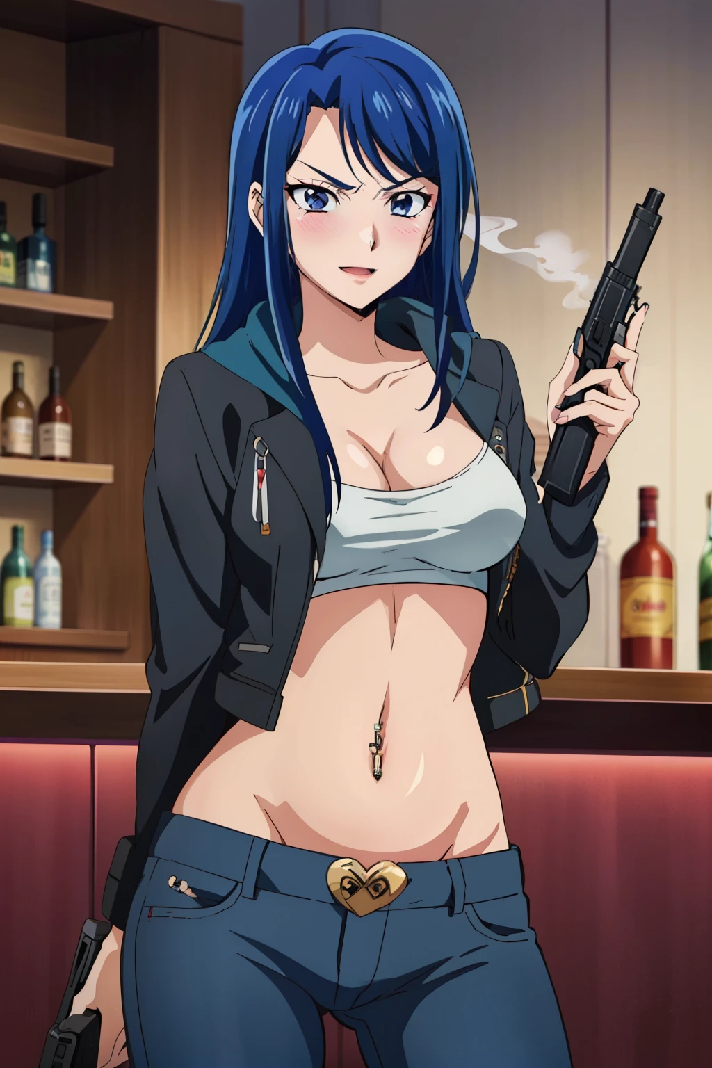  1girl, Minazuki Karen, minazukikaren, long hair, blush, lipstick, Hot girl, baddie, staring, glaring, bad attitude, mean girl, crazy, smoking, sensual, attractive, bar background, inside bar, masterpiece, best quality, highly detailed, a girls with a gun, evil smile , open mouth, sexy gaze, badass
pose , evil smile, smile, (nsfw) not safe for work, guns blazing, anime girl with long hair, beautiful long
haired girl, navel, evil expression, exposed belly, exposed navel, exposed midriff, exposed lower belly,
long black pants, crop top, cleavage, unbuttoned leather pants ,open fly, low rise black leather pants,
leather jacket, holding a gun, holding pistol, navel piercing