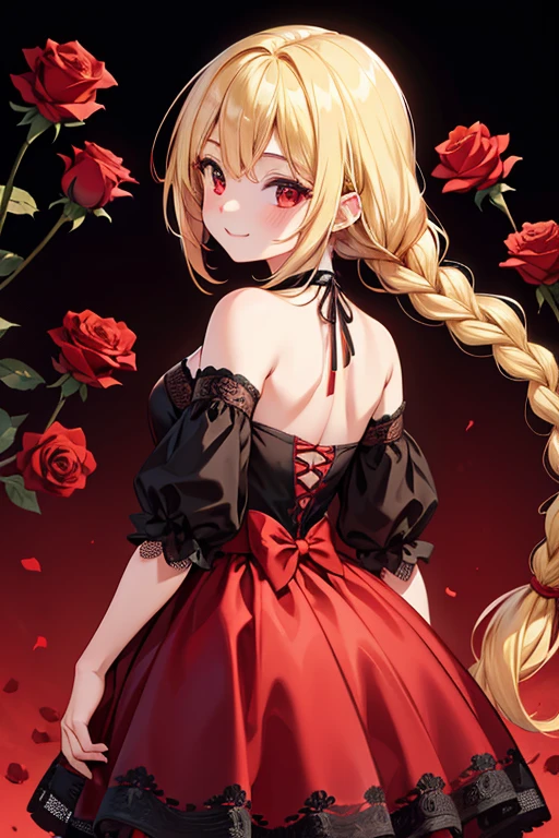 Wavy blonde girl、1人、red eyes、Surrounded by roses、sexy dress