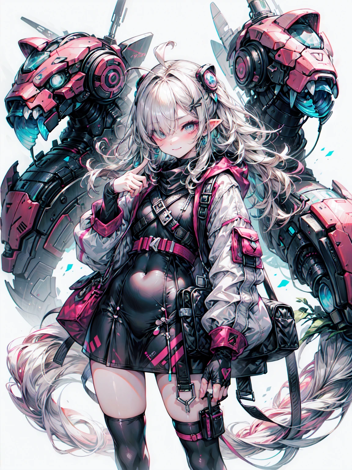 Clean design，wonderfulインスタグラム，Art Station，Cowboy Shot、Splashes of colorful paint，Contour，Extremely elaborate details，Unreal Engine，wonderful，Intricate details，Splash Image，Complementary Color，Fantasy Concept Art，8K resolution，DeviantArt's masterpiece，Oil，strong stroke，Paint dripping，（Isolated on a white background：1.3），Rainbow Skin，(((Beautiful youth))), ((10 generations:1.5)), (Blue eyes shine), ((There is the light in your eyes))，((((Short white hair:1.1))), ((Black Costume)), (Princess\\(Indifferent look\\),, (((Wear a detailed black trench coat，food，internal, She is wearing white short sleeves，Heart motif))), Gray Hair，Organic Armor Cyborg、Machinery Armor、Armor Textures、Blake、（Dark Elf), (1 Girl), alone, Perfect Face, Get used to it, Ahoge, ((Long Hair:1.2)), (Hair above one eye:1.3), [[Messy Hair]], Shiny blonde white hair, Purple eyes, Variegated eyes, Colorful Hair, Shining Eyes, (eyelash, eye shadow, pink eye shadow), bright, smile, Design Art：Haruhiko Mikimoto, by Kawashi, By Yoshitaka Amano