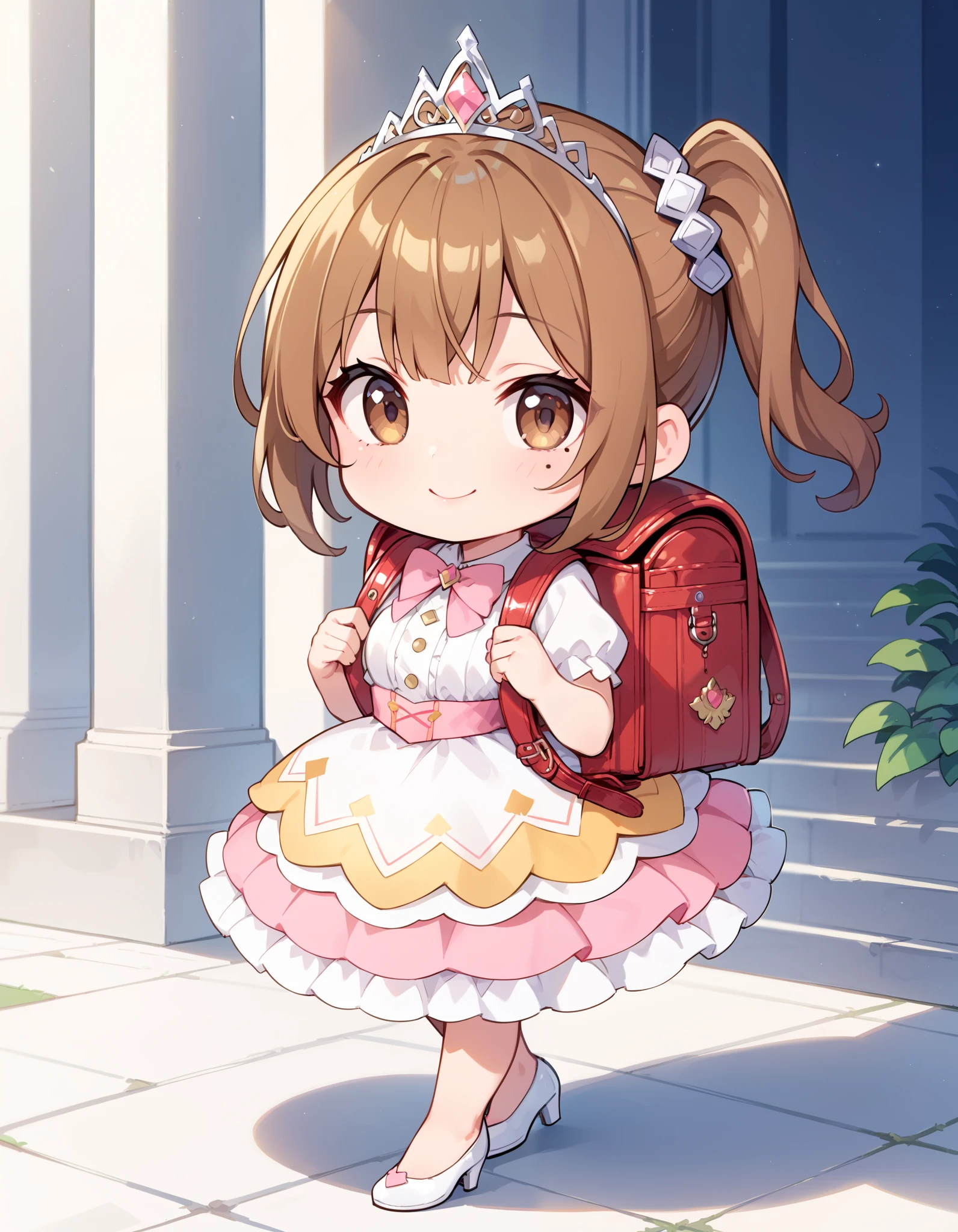 masterpiece, best quality, highres, 1girl, long hair, one side up, solo, ponytail, brown hair, short hair, brown eyes, mole under eye, cowboy shot,princess dress, princess Costume, colorful princess dress,bowtie, smile, frilled dress, tiara, castle, wearing randoseru backpack, red backpack, fullbody, wearing white high heels, chibi, chibi style 