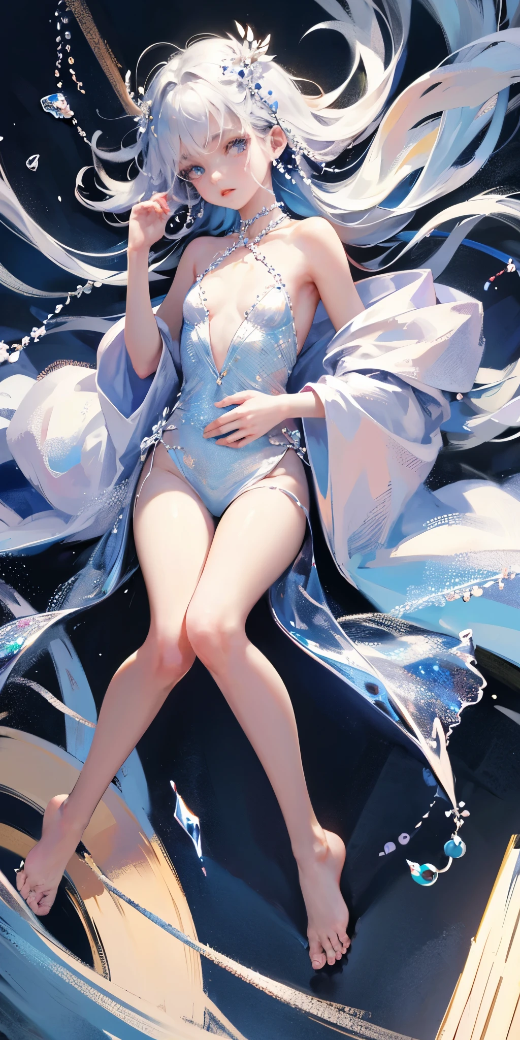 A girl、symmetry,Daughter,whole body 女恋,Put your hands together and bloom,(Very detailed:1.1),((small :1.2))、The eyes are well drawn、Charming eyes、Double tail、Wear jewelry and pearls around your neck,Transparent openwork、Deep V、Crystal Pearls、在Wear jewelry and pearls around your neck,white hair, show your thighs, Bare shoulders, Show Clavicle, Yao Liu, barefoot,((whole body))、painful posture