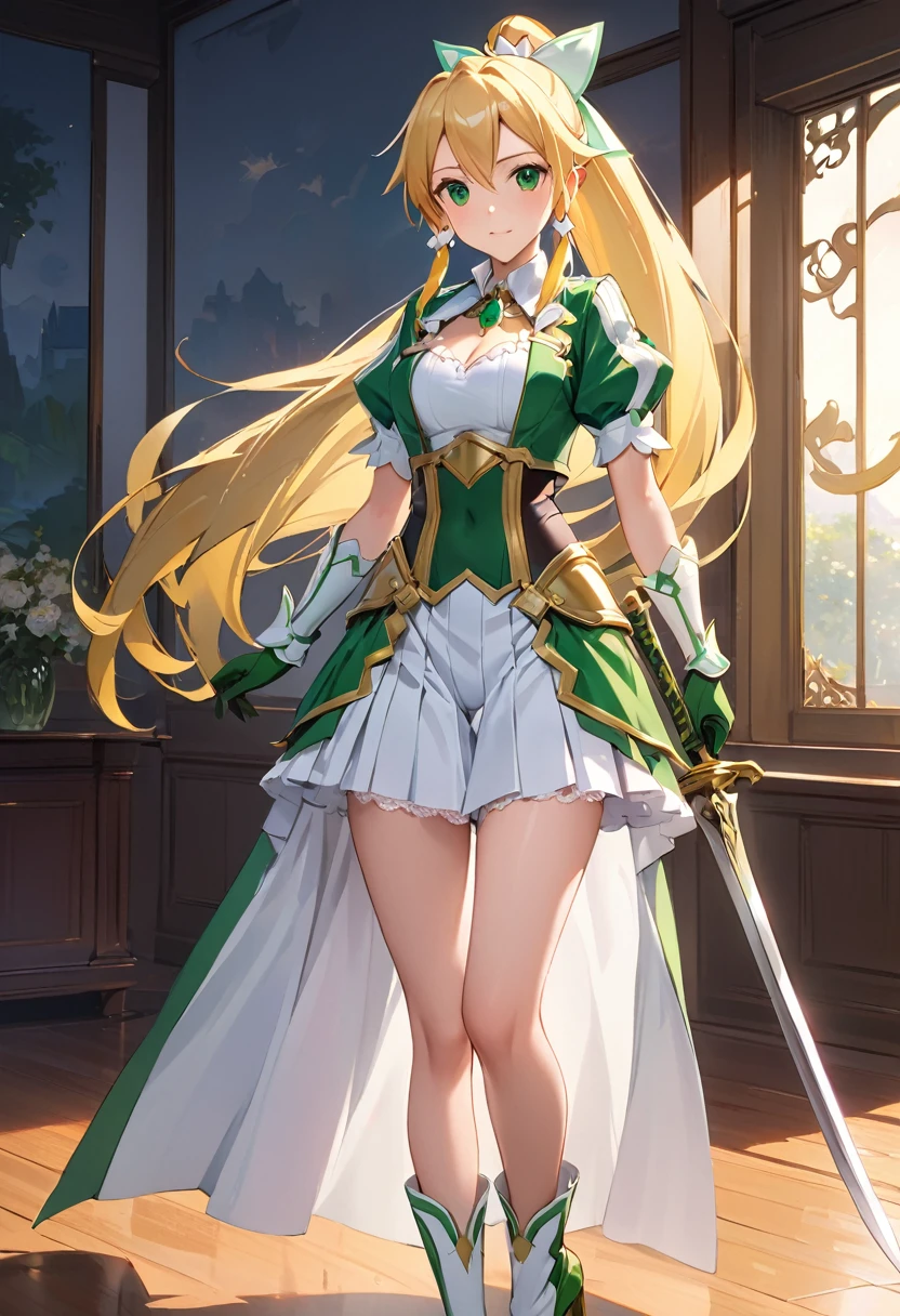  best quality、  Unity 8K Wallpaper、32K、masterpiece、   very detailed  、   ultra high resolution , RAW Photos、Professional、 Amazing Paintings 、Magical Fairy Swordsman Leafa、  Blonde Long Hair 、 white hair bow、green eyes、Green magical girl costume、  white lace panties,blonde ponytail 、 white hair bow、  yellow bow with large emerald brooch   、  white pleated skirt with green lines  、Green and yellow long gloves、   green thigh stiletto heel boots with gold molding 、   full body shot  、