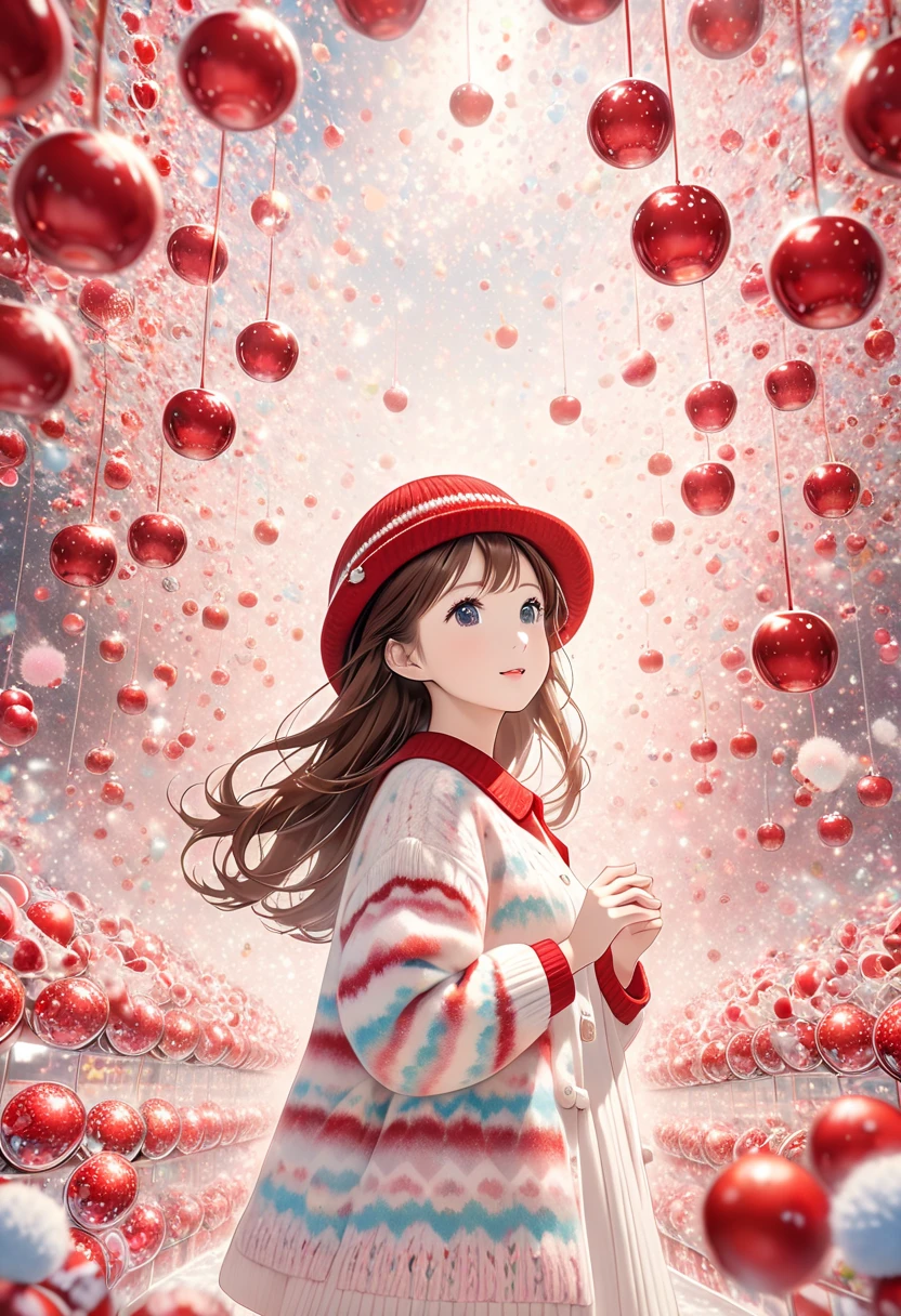 1cute女の子_knit_white,  red_hat，(dynamic_     look up   _ Rotate)++,    long hair_   brown hair, (particle_ Surroundings _body)+, slim_body, (  Surrounded  _apple_cute_Glass)，pastel_Pom-pom_Wave，Asahi，  dramatic scene  ，   Hi-Res，delicate，Warm Textures  ，The image is Morning  ♪