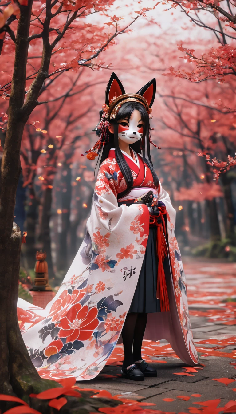 (Fox Girl, Fox Ears, Black colored hair, Fox Makeup, One Girl, Long Hair:1.6), (kimono, Kimono with open chest, A beautiful kimono with red and black patterns, I can see her cleavage, Open chest, Exposed skin:1.8), (Body measurements are 75-60-75!, Young girl body, Small breasts, Small breasts, Emphasize the chest, Knees are slightly visible, Muscular, Abdominal muscles, Hide your own chest with your hands:1.9), Avatar, face, lewd face, Dominant representation, naughty face, Uplifting, Skin Texture, outside, Grassy field