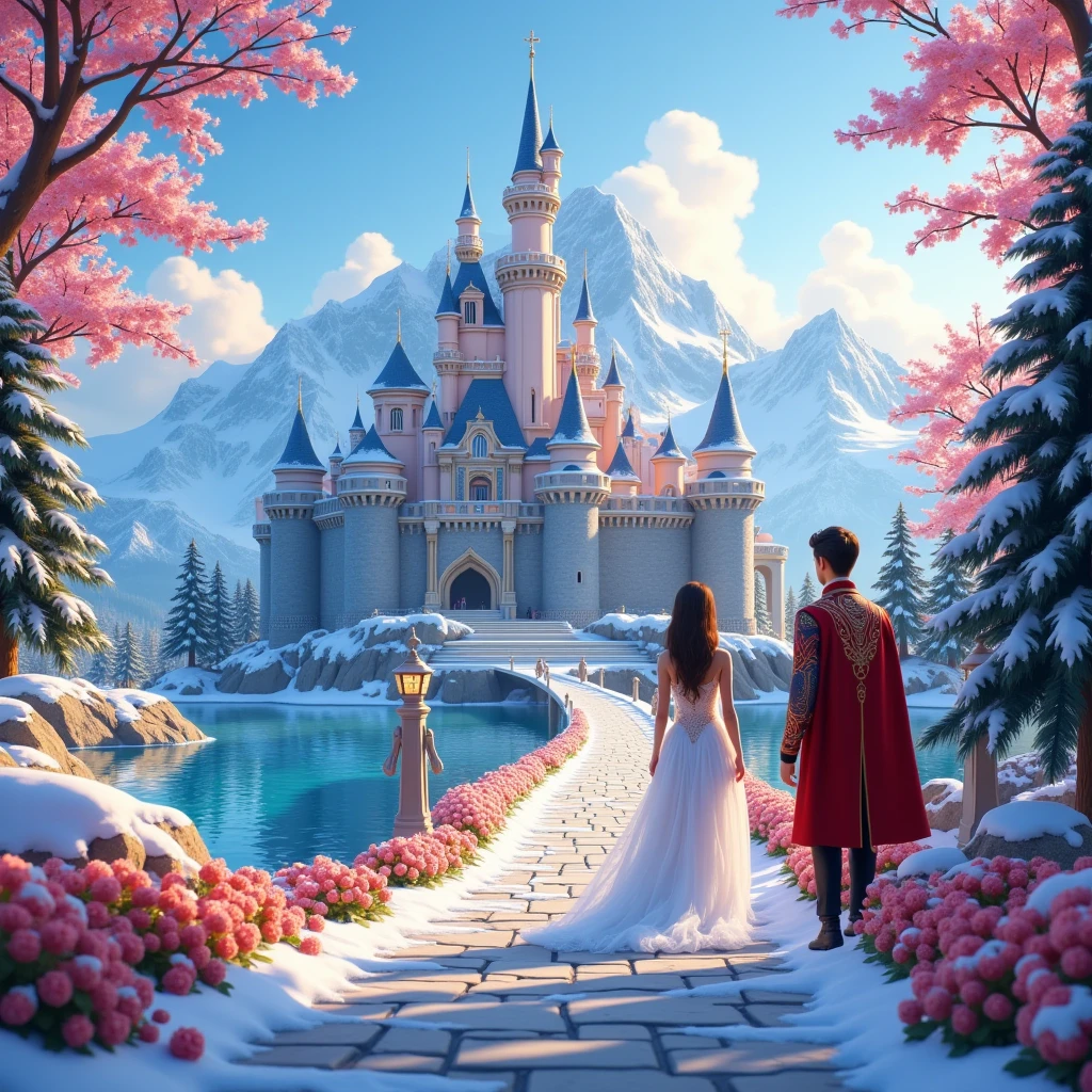  Kingdom Big Castle Beautiful in the background stands Snow-White with Different Circles and Colors , Beautiful views,  A lake with clear water you can see pebbles on the bottom ,  The path from the stone path is snow-white with flowers on the sides ,  A Girl with Big Eyes and a Lush Long Hairstyle in a Beautiful Snow-White Outfit Curvy Walks Gown, earrings,  Goes to the Castle along the Lake ,  near The Gate Is A Guy in Beautiful Clothes Red Coat Warm Fur ,  A snow-white Tuxedo with Red Embroidered Buttons ,  Next to Him Two Guards in Armor and Spades in Hands ,  wide viewing angle ,  Beautiful Picture , masterpiece,  Maximum Quality ,  better quality, 8 k, 32K,  cartoon ,  cartoon  стиль, Pixar style , Colorful Colors, Gentle Lighting , warm tones,  Beautiful Characters ,