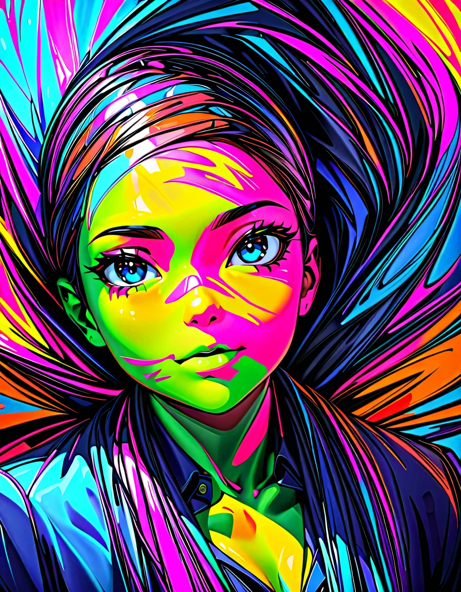 ((((masterpiece, best quality, a perfect face, an exceptional face, 1girl)))), (((high ponytail))), 18 years old, detailed face, black hair, slight smile, glitch effect, psychedelic cyberpunk futuristic cityscape at night, rainbow colored neon lights, impressionism, expressionism, maximalism, Jackson Pollock style, banksy style, van gogh style, looking at viewer, 8k, realistic, photorealistic