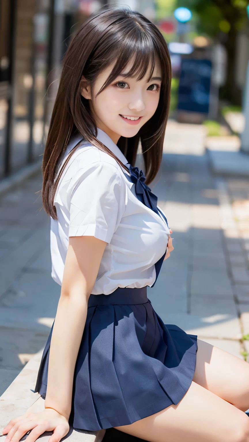 (Masterpiece:1.2, high quality),  arms behind back ,wearing underwear, navy socks,  buttocks, brown eyes, navy blue skirt, solo, summer school uniform, white poro shirt , black hair, black eyes, navy blue skirt, pure gaze, navy socks, miniskirt, plaid skirt, navy blue skirt,kawaii, blush, a smile, (sweat), semi Long hair, Black Hair,  hash cut layer cut, messy hair ,hair between eyes, sitting,bench, (beauty legs), Schools,((volumirous breasts)),((gigant breasts)), thin eyebrows, face detail,shoot from side front ,glow skin,