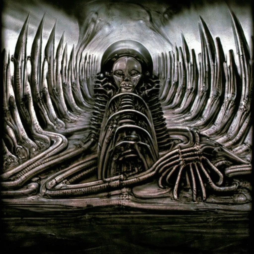 H. R. Giger's g1g3r, , Giger_style,  create biomechanical landscape by Hans Rudie Giger composed of fossilized and mummified alien life forms. Image depicts a strange and dreamlike, combines biological and mechanical ,managed  to dreamlike quality.
That achieved through brushwork or airbrushing techniques that create smooth, curving forms alongside sharp edges and straight lines.
 Centralized recognizable shapes of skulls, rib cages, and spines, all intertwined with tubes and cables. These shapes suggest fossilized mummified alien life forms. Central skeletal structures and what appears to be a ribcags made of (ivory with clear signs of charring and weathering) in the foreground are the most identifiable organic elements. The mechanical elements are evident in the wires and tubes emanating from the skeletals, as well as the silfoned plastic tubes. In the background shapes are visible that could be interpreted as other fossilized or mummified alien life.
Light source from the top highlights skeletals, upper part of foreground, lower part of image is in shadow. Use of light and shadow creates a sense of depth and dimension.
Artist might bathe composition in an unnatural, otherworldly light, highlighting the stark contrast between the human and mechanical elements. Shadows would writhe and twist, adding to the overall sense of disorientation and dread.
Giger's meticulous attention to detail would come into play here, as he adorns forms with intricate biomechanical implants and enhancements. These elements would be both beautiful and grotesque, blurring the line between lifeform and machine
Central labyrinthine yet constructively and solid organized abomination is focal point ,uplight illuminates it, draws viewer's eye to it. 
Work is sxually suggestive, in the way that it depicts the human form, as well as in the use of bio-organic forms that resemble sxual organs.
Surfaces are heavily covered with tin dots of dark paint (best quality:1.4), H.R. GIGER,  BY GIGER