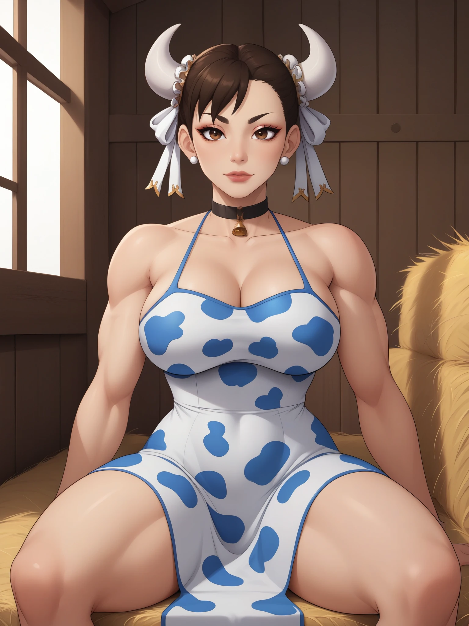 Chun-li. brown hair. odango's hairstyle is tied with ribbons.brown eyes. Big growth. athletic legs. small saggy breasts. huge, toned thighs. choker. сow horns. cow dress. farm. bales of hay. sitting