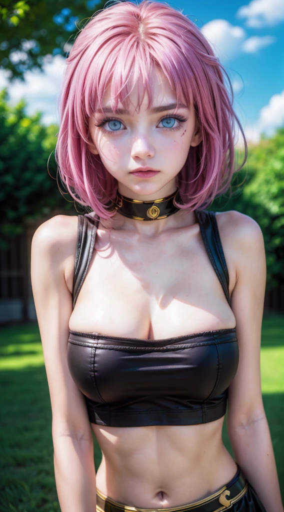  short pink hair, (blue eyes:1.3), messy bob hairstyle, intense gaze, fantasy-inspired outfit, cropped top with gold accents, white and brown colors, sleeveless with gold arm guards, midriff exposed, outdoor setting, bright daylight, sky with scattered clouds, trees in background, serious and determined expression, RPG fantasy style, vibrant colors, high contrast lighting, modern anime illustration, adventure atmosphere.16k, highres, masterpiece, best quality, realistic, cinematic photo a very short girl, solo, (looking at viewer:1.2), high definition, 8K, detailed face, grabbing her breast, showing her breast, 1 girl, alone,(extremely detailed CG unity 8k wallpaper), (masterpiece), (best quality), (ultra-detailed), (best illustration), (best shadow), (absurdres)
  ((((ultra realistic,32k,RAW photo:1.1),(high detailed skin:1.1), 8k uhd, dslr, high quality, film grain, (makeup, mascara:1.1), 