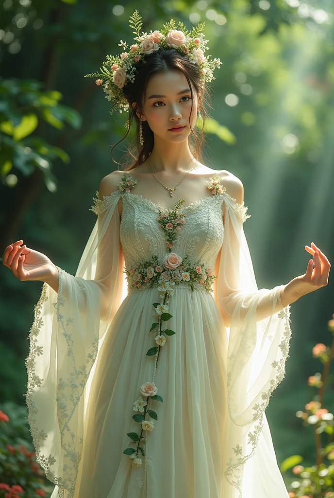 sakura，Hanfu，1 girl, (Low-key style: 1.5),  bangs, Lips, skirt,  long hair,  eyes , thigh,  strapless, Low-key style Chinese skirt, Chinese clothing, Lipstick, Realistic, Rose, Jewelry, earrings, curls, flower holding, Gloves, elbow Gloves, white Gloves, cosmetic,  白色thigh , White hair, flower,  stands,outdoor，flower园