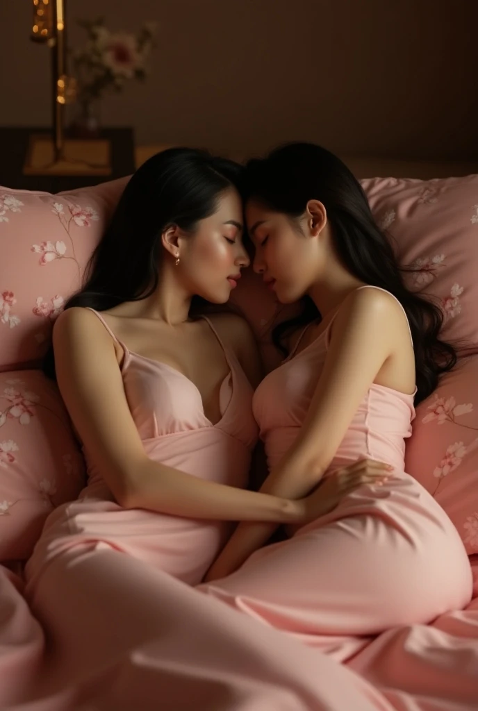 Indonesian couple. The man is a normal body wearing simple pajamas. With The adult woman is a little chubby and huge breasted, wearing knee-nght nightgown. The luxurious bedroom is decorated with red roses and a mosquito net with neon backlight as a background detail, lying leaning on the pillow while hugging each other in the cold. Look at the viewer, natural light, realistic photography, wide angle shot from above.