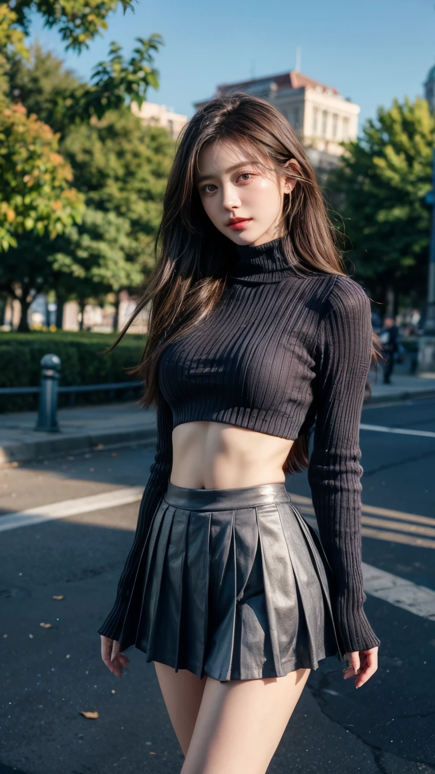 Ulzan-6500-V1.1, ( raw photo from last century :1.2), (Realistic:1.4), girl with only jacket 、 beautiful details を持つ少女、 highly detailed eyes and faces , beautiful details 、Online Camera,(( best quality、8k、masterpiece:1.3))、 young woman 、 18 years old, Long purple hair, In the park during the day、Beautiful woman with wavy hair 、 Long Sexy Legs , pleated miniskirt with plank、 wears a tight turtleneck、Full Body Lesbians、Slender body、 Big Breasts、 slim girl model 、 beautiful body、 Look straight ahead at the navel out 、 Show me my entire lower abdomen 、 showing a beautiful belly 、 Exposed thighs 、The miniskirt is too short 、Daytime at the park 、 open crotches