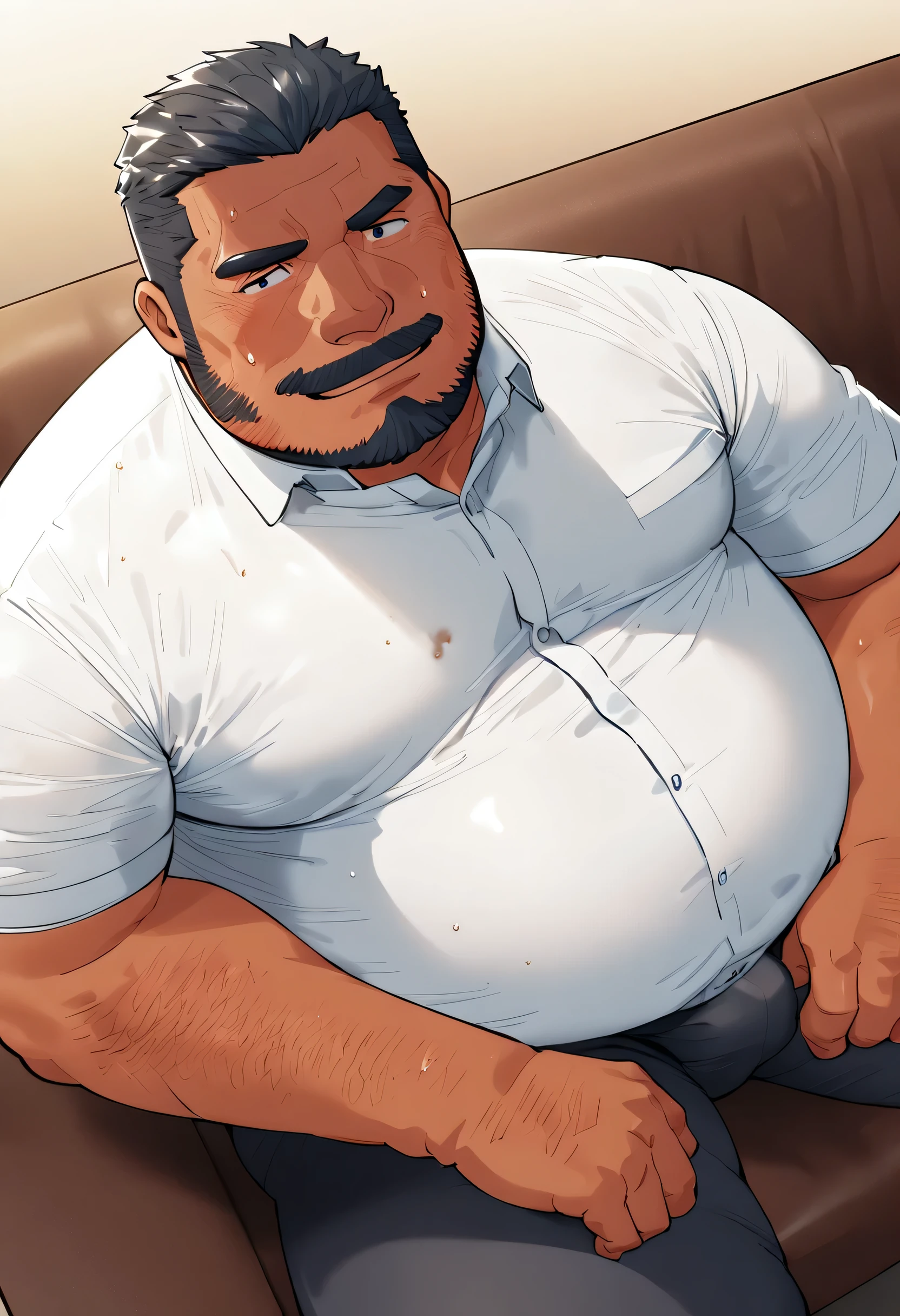 male，(Very fat:1.6)， businessman in a cafe， white business shirt ，A small amount of sweat stain，Short Hair， looking at the camera，Forty years old，Dad smelly ， office，alone，Beard，Sitting on the couch in the president's office ，littlebulge，Naughty smile，Close angle 