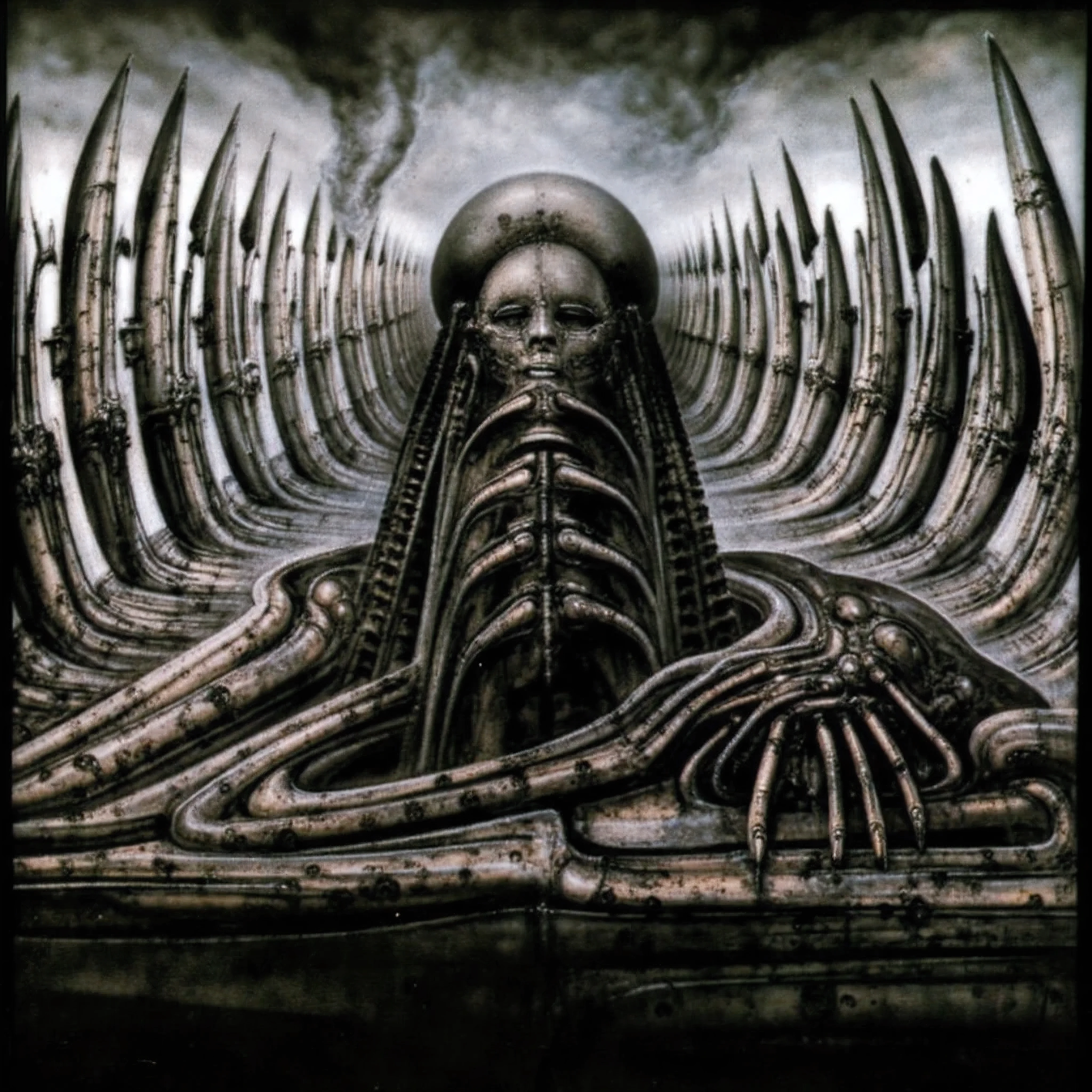 H. R. Giger's g1g3r, , Giger_style, create biomechanical landscape by Hans Rudie Giger composed of fossilized and mummified alien life forms. Image depicts a strange and dreamlike, combines biological and mechanical ,managed to dreamlike quality.
That achieved through brushwork or airbrushing techniques that create smooth, curving forms alongside sharp edges and straight lines.
Centralized recognizable shapes of skulls, rib cages, and spines, all intertwined with tubes and cables. These shapes suggest fossilized mummified alien life forms. Central skeletal structures and what appears to be a ribcags made of (ivory with clear signs of charring and weathering) in the foreground are the most identifiable organic elements. The mechanical elements are evident in the wires and tubes emanating from the skeletals, as well as the silfoned plastic tubes. In the background shapes are visible that could be interpreted as other fossilized or mummified alien life.
Light source from the top highlights skeletals, upper part of foreground, lower part of image is in shadow. Use of light and shadow creates a sense of depth and dimension.
Artist might bathe composition in an unnatural, otherworldly light, highlighting the stark contrast between the human and mechanical elements. Shadows would writhe and twist, adding to the overall sense of disorientation and dread.
Giger's meticulous attention to detail would come into play here, as he adorns forms with intricate biomechanical implants and enhancements. These elements would be both beautiful and grotesque, blurring the line between lifeform and machine
Central labyrinthine yet constructively and solid organized abomination is focal point ,uplight illuminates it, draws viewer's eye to it.
Work is sxually suggestive, in the way that it depicts the human form, as well as in the use of bio-organic forms that resemble sxual organs.
Surfaces are heavily covered with tin dots of dark paint (best quality:1.4), H.R. GIGER, BY GIGER