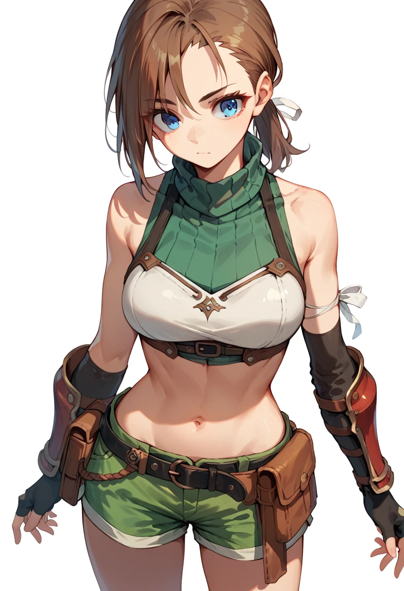 RhudaRunebeck
long hair, asymmetrical bangs, brown hair, blue eyes, low ponytail, short ponytail, white ribbon
turtleneck, sleeveless, ribbed shirt, green shirt, crop top, breastplate, navel, elbow gloves, fingerless gloves, black gloves, arm guards, black belt, belt pouch, short shorts, green shorts