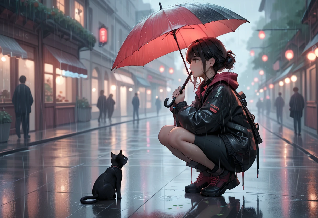 1girl, original, solo, rain, holding transparent umbrella, squatting, looking at animal, cat, blurry background, from side
