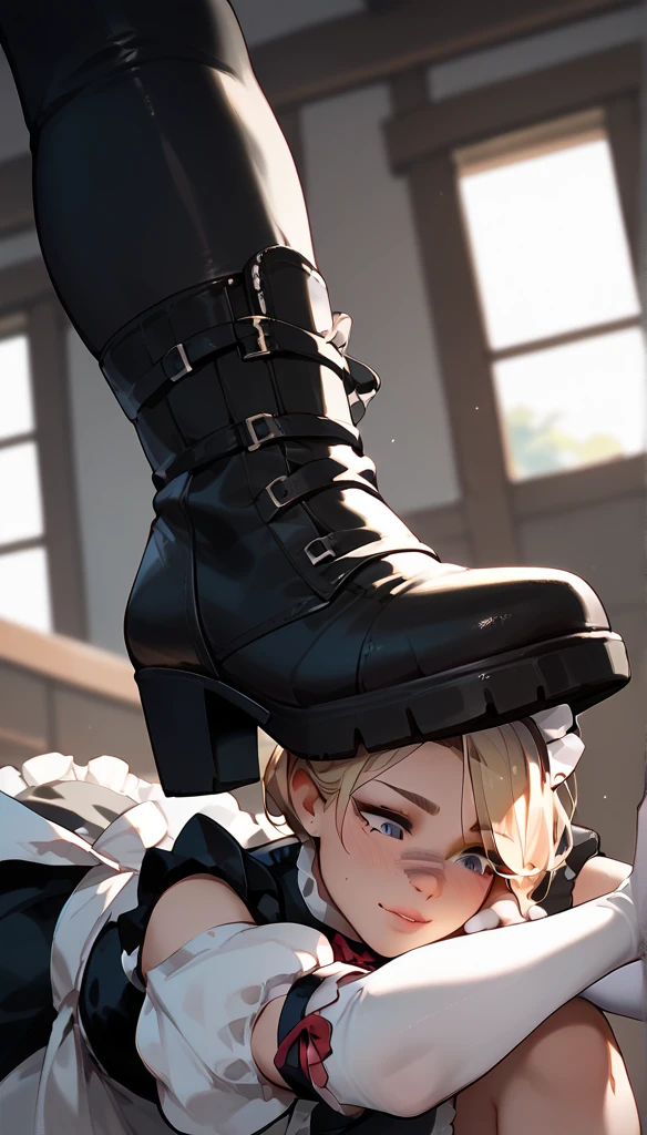 Anime Women, Maid, thigh boots, elbow gloves, raised leg, Stomping of feet on face, step on face, looking down, throw