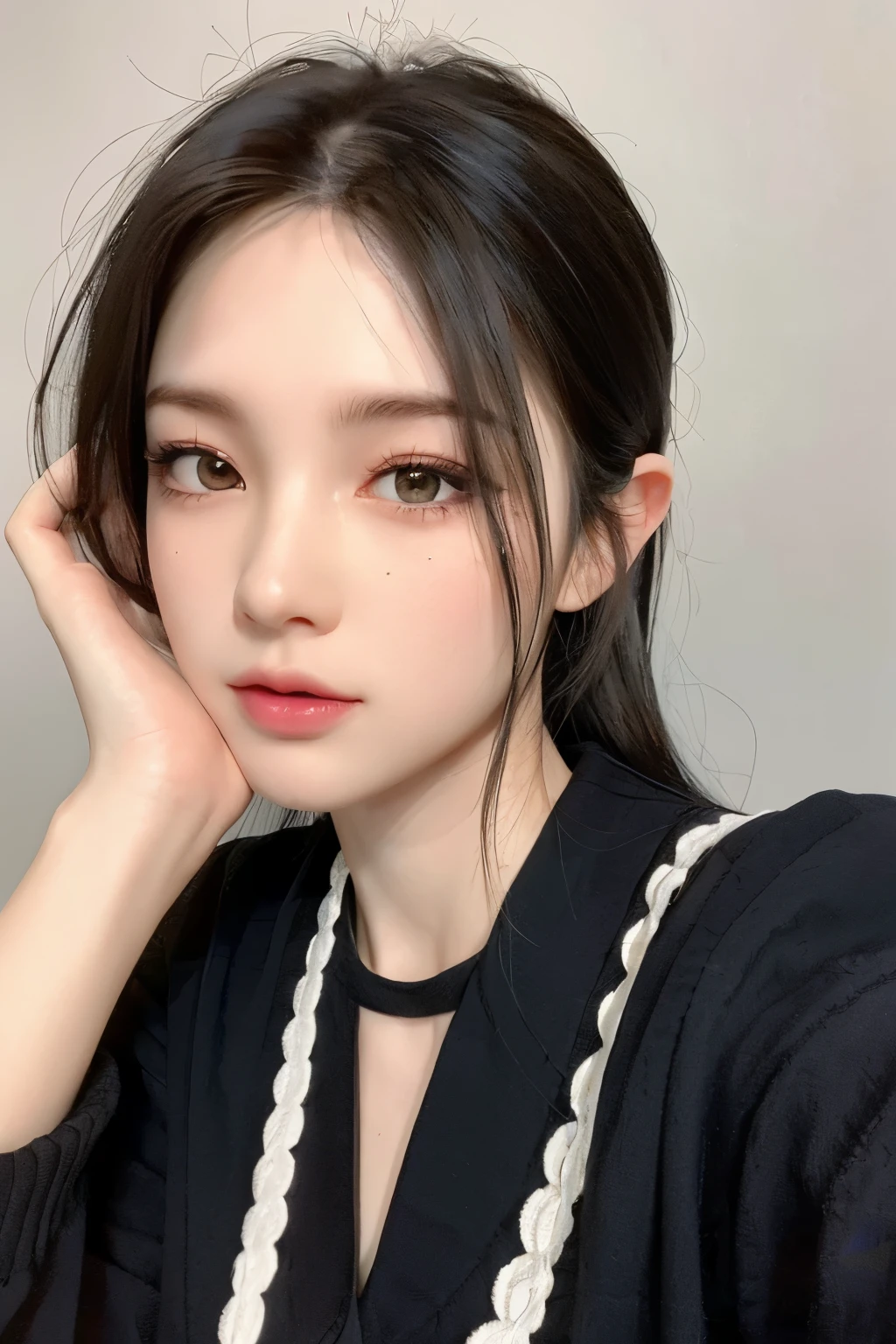 ((Best quality, 8k, Masterpiece :1.3)), 1 adorable girl with full body, youthful, delightful cute face, black hair, hair tied, oversized boyish outfit, aesthetic selfie, ultra-detailed face, extremely perfection, detailed eyes, double eyelid, big doe-eyed, straight nose, long eyelashes, detailed eyelashes, v-shape face, random pose, aesthetic pose, (random aesthetic background)