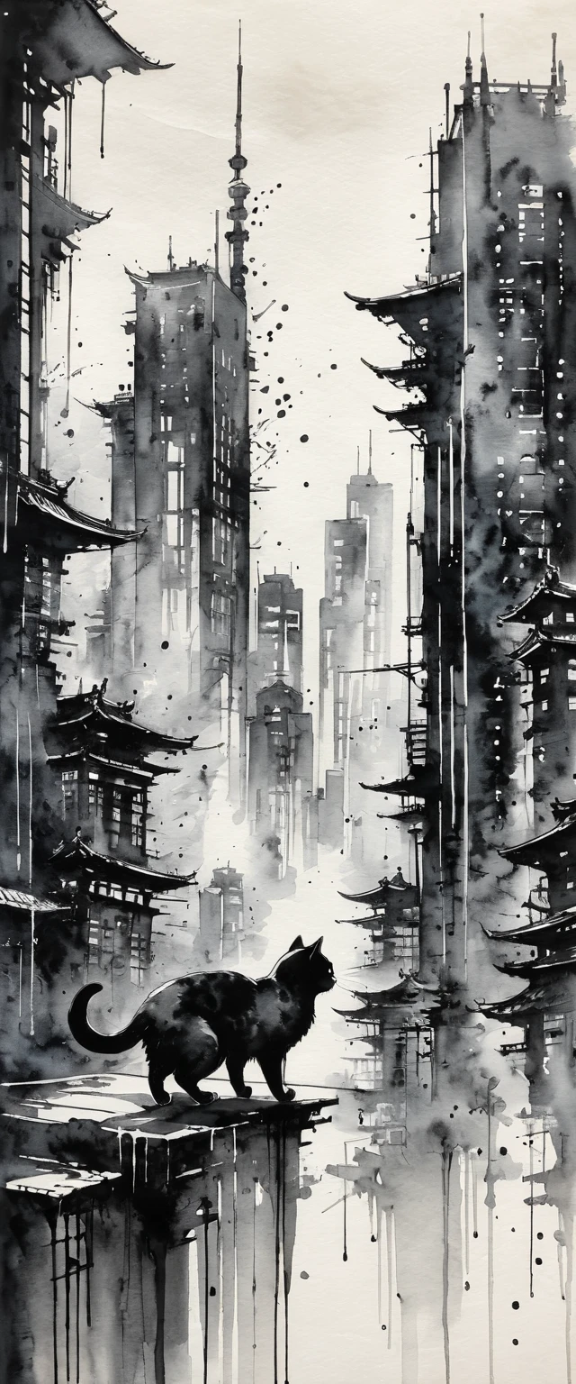 日本のInk Painting, Ink Painting, Ink Painting, 日本のInk Painting,  skyscrapers , Metropolis,  Cyberpunk ,cat, blue sky