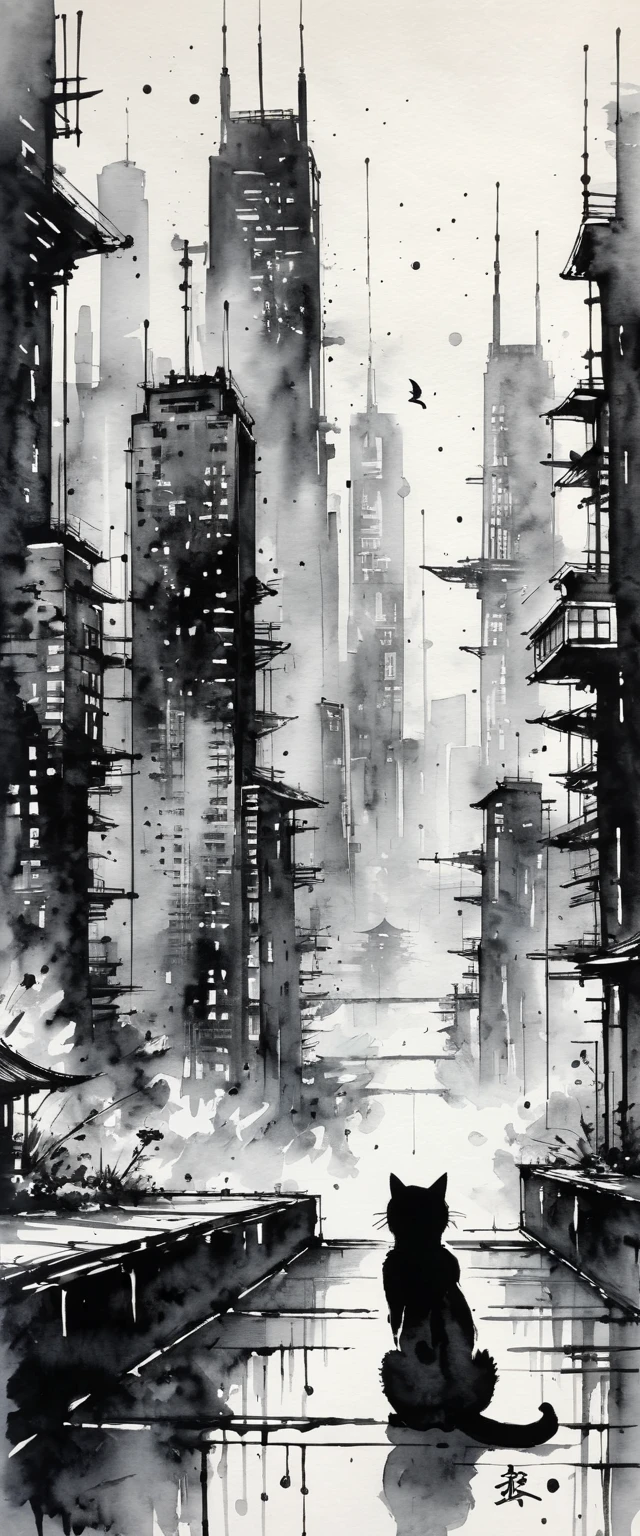 日本のInk Painting, Ink Painting, Ink Painting, 日本のInk Painting,  skyscrapers , Metropolis,  Cyberpunk ,cat, blue sky