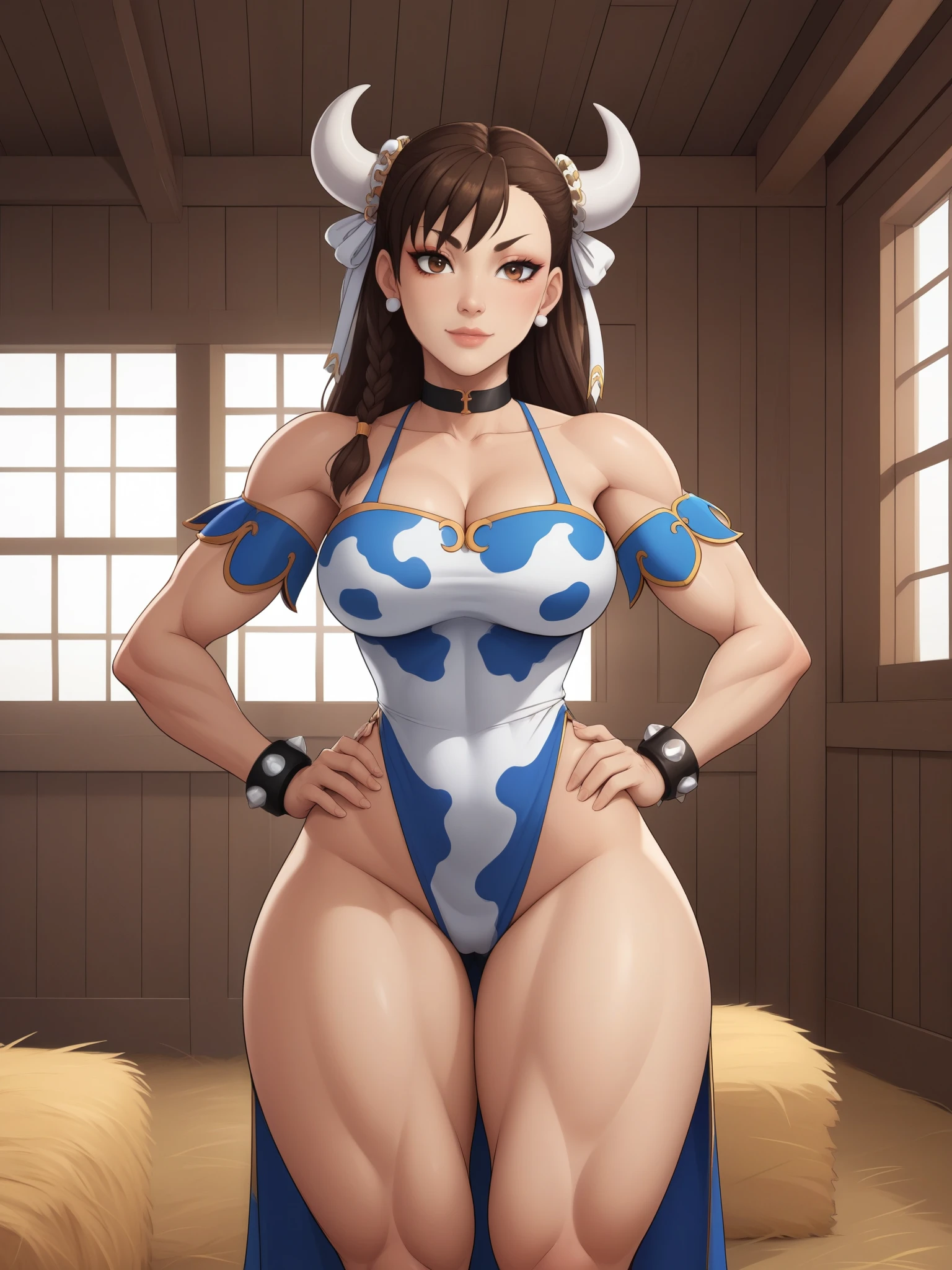 Chun-li. brown hair. odango's hairstyle is tied with ribbons.brown eyes. Big growth. athletic legs. small saggy breasts. huge, toned thighs. choker. сow horns. cow dress. farm. bales of hay. 