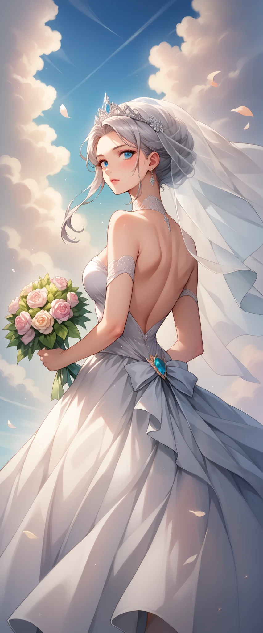  score_9,  score_8_up,  score_7_up, masterpiece, best illustration,8k,Super detailed, semi-realistic beautiful woman,The theme is Bride in the Sky ,Beautiful tiara,Beautiful bouquet ,Beautiful emerald blue eyes, silver hair,( beautiful embellished prom dress dress), Beautiful Gradation, background with abstract clouds and light,White-based design,(watercolor),(Rear view),( is looking over here), depth of field,( dynamic),From below