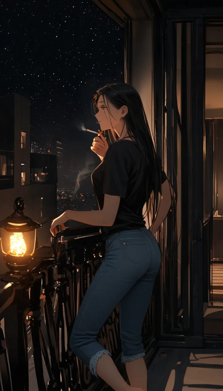 A woman holding a cigarette is gazing into the distance, Black Hair, Long Hair, The tip of the cigarette is red and smoking, Late at night, I&#39;m leaning my elbows on the balcony and looking at the stars, Wearing a tight black T-shirt and jeans, barefoot, I can see that the light in the room is leaking out a little., Unusual face, Handsome, sideshot, 30 years old, 