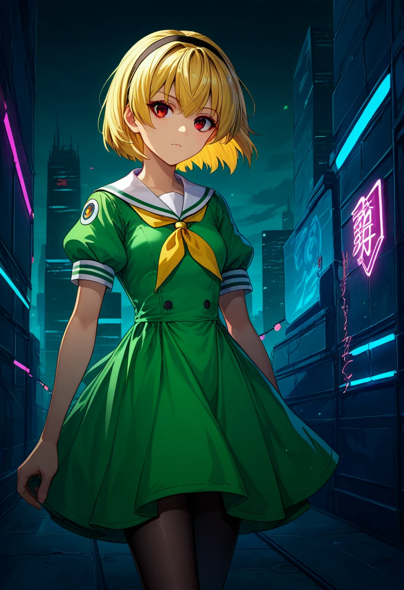  score_9,  score_8_up,  score_7_up, houjou_Satoko, 1girl, Alone, pantyhose, blonde hair, hairband, dress, short hair, short sleeves, black hairband, green dress, sailor collar, black pantyhose, red eyes, white sailor collar, puffy sleeves, yellow neckerchief, sailor dress, puffy short sleeves, bangs, neckerchief, small breasts,Sense of luxury,  Futuristic City ,  floating on the wall ,  colorful lights,  surreal, Walking through the sky ,  neon light, wacky outfits, Different dimension