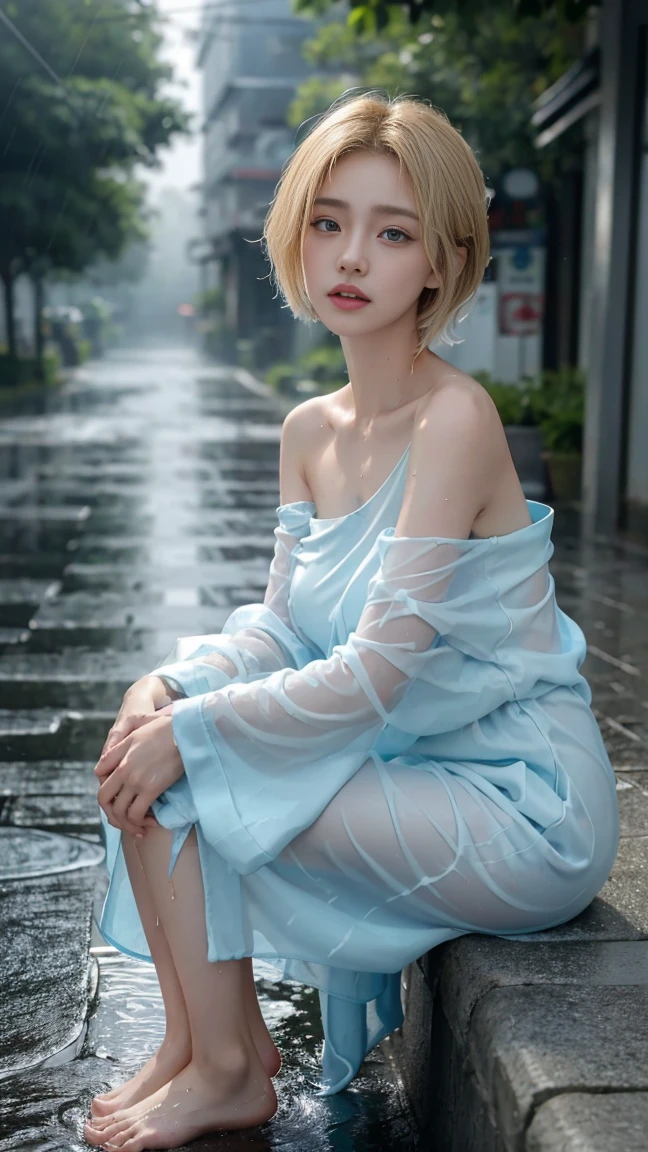 Young Japanese woman standing,  ((On City Street)),  ((Fully clothed)), ((Off-the-shoulder T-shirt dress)),((Barefoot)), blond with short hair, slim build, two tone color hair, mid afternoon, Gray light, Overcast, Detailed background, Dark, busy street, crowding street, Cinematic, pessimistic, Masterpiece,  Best quality, RAW photo, up-close, zoomed,  Photorealistic, ((view the viewer)), Hold yourself, Translucent, dripping wet, beautiful realistic photo, Surreal fantasy photos,  Close up, Tight Frame, 8K, Ultra detailed, Detailed skin, Blue eyes, Dark skin, ((Drenched)), ((Soaked)), (Dripping water), Saggy clothes, wet street, Wet all over, wet dripping hair, angle of view, (posed for photo) Portrait, Close-up, bottom angles, Mist, ((heavy rain)), ((Hazy rain)), Rain on the face, wet face, Shallow depth of field