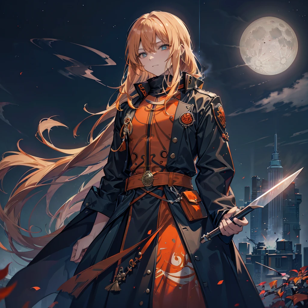 orange battle coat, Orange and black outfit ,  long brand hair,  straight hair,  long bangs  ,  close your mouth and laugh , ４０age,  handsome, Muscular, Narrow green eyes ,  Official Art、  best quality、  Unity 8K Wallpaper 、32K、masterpiece、Super detailed, Male nose, Male Eyes  , Male outline  ,  male skeleton  , carrying a large red sword , Light and Smoke Background , Moonlight,