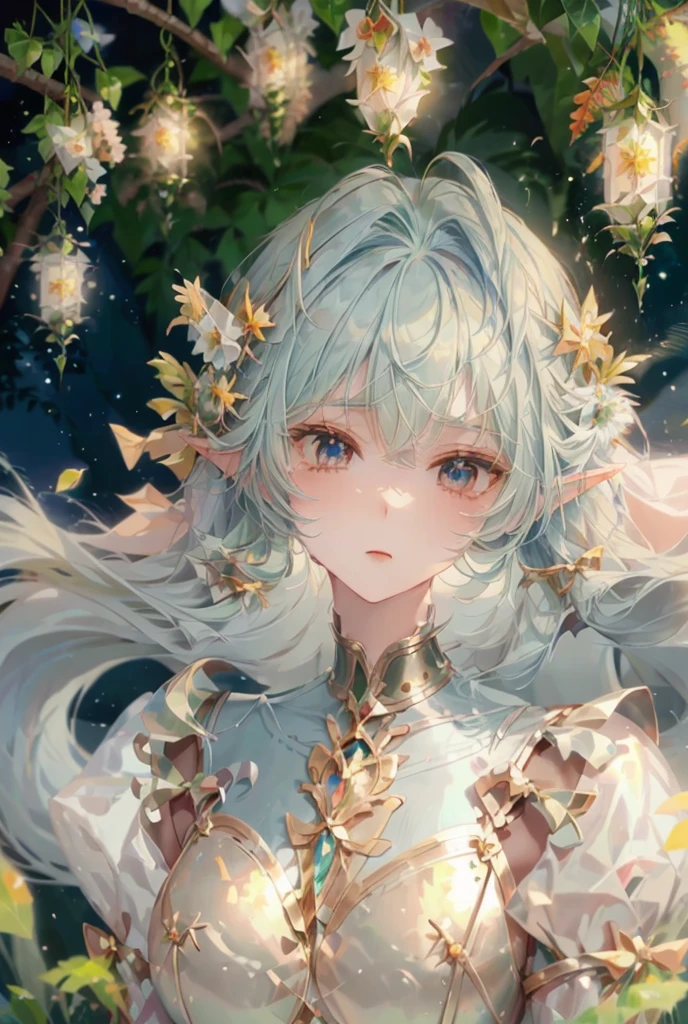 Sagittarius、bow、Beauty、Short Hair、Kusano Kan 、Elf Ears、 beautiful plant colored eyes、 grass blue hair 、Athena、bowを構えている