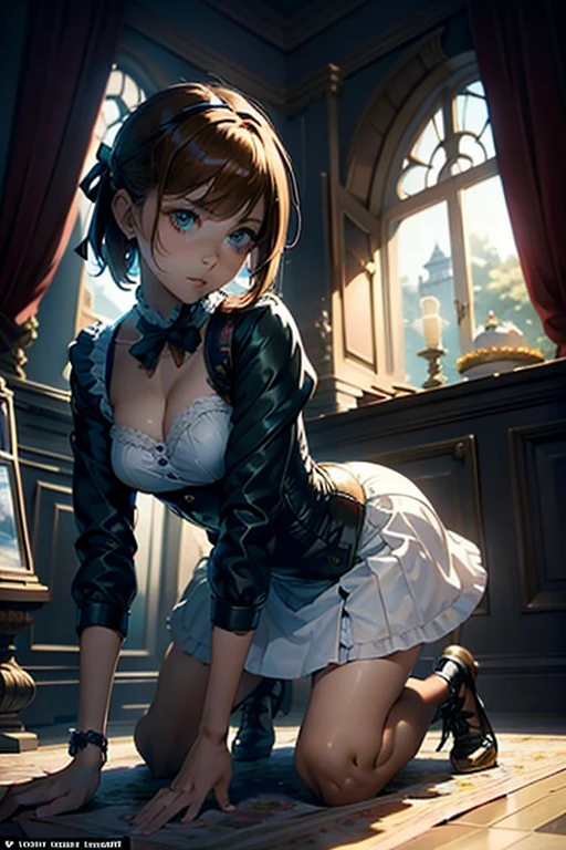 ​masterpiece, top-quality, Detailed details, Detailed landscapes, beatiful lights, Beautiful Shadows,girl with,Kneeling, ((Get down on one knee),Stretch your chest),sixteen years old,green eyes,Bewitching look,a miniskirt,(Maid appearance),model poses, detailed skin textures, Tyndall effect,mansion,Anime Style,Short Hair, Hair Ribbon, 