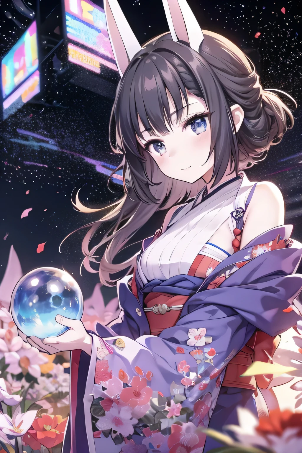 smaller、 one girl , long tied brunette hair wearing a festival mask, smile, blue eyes,Small breasts , Viewers, Wearing a yukata, Holding a crystal ball、祭りのお面を頭につける, turn around、firework 、(Mount Fuji summit), (Late Night),Late Night , masterpiece, 8k, full light, Perfect outfit, perfect anatomy, Perfect Eyes, perfect face, Sharp resolution, ( cowboy shots)