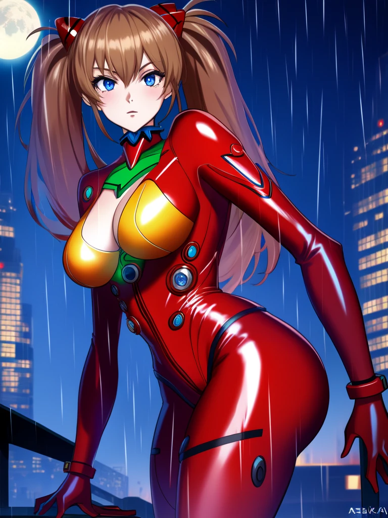 1 girl, Aska Langley, masterpiece,  better quality, Cyberpunk, Night, rain, moon,  Young woman with gorgeous curves,  round ass,