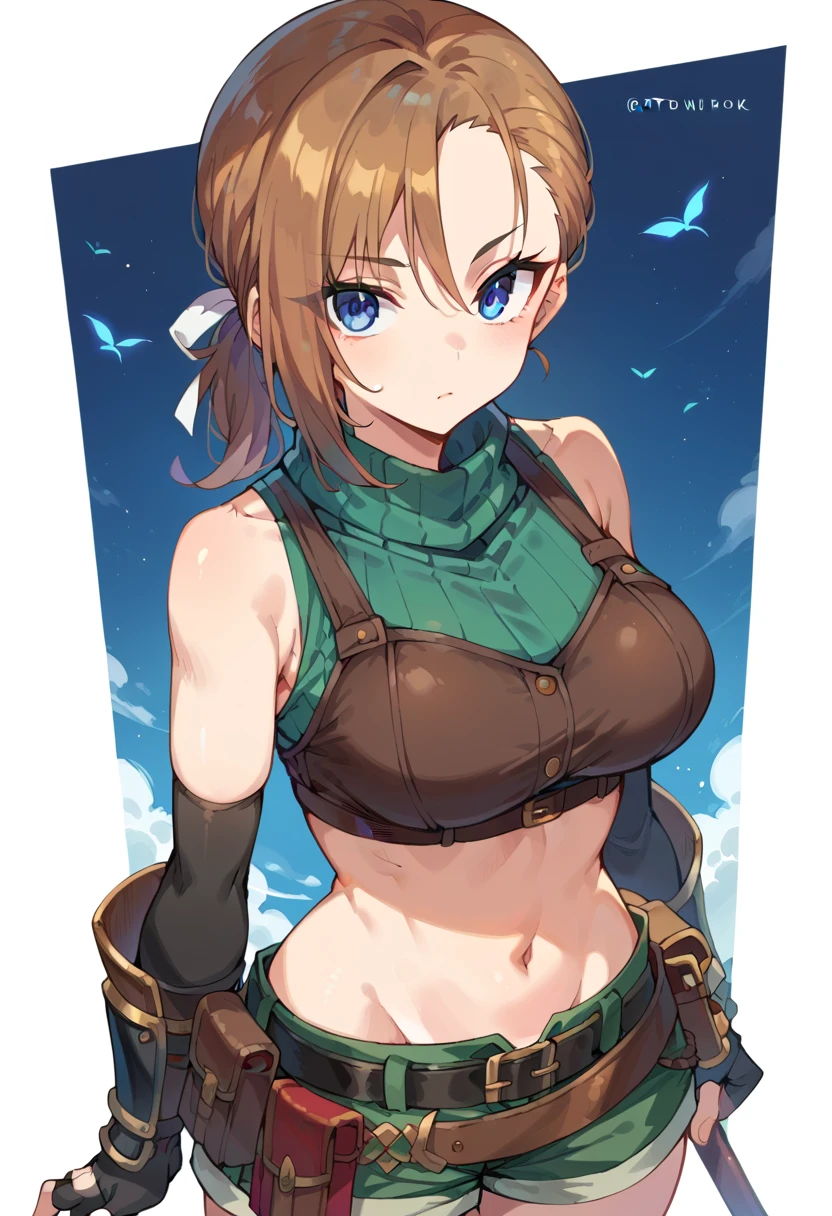 RhudaRunebeck, long hair, asymmetrical bangs, brown hair, low ponytail, short ponytail, white ribbon, blue eyes, 
turtleneck, sleeveless, ribbed shirt, green shirt, crop top, breastplate, navel, elbow gloves, fingerless gloves, black gloves, arm guards, 
black belt, belt pouch, short shorts, green shorts, 