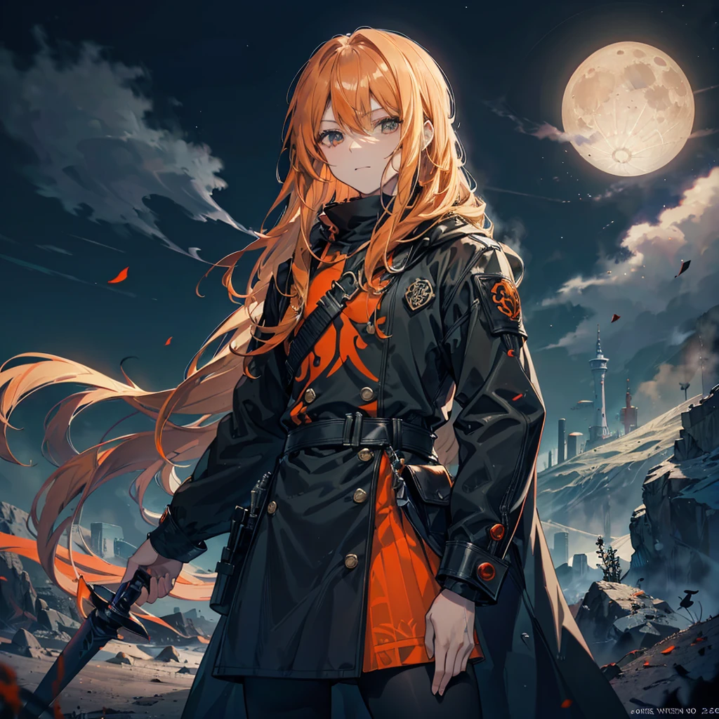 orange battle coat, Orange and black outfit ,  long brand hair,  straight hair,  long bangs  ,  close your mouth and laugh , ４０age,  handsome, Muscular, Narrow green eyes ,  Official Art、  best quality、  Unity 8K Wallpaper 、32K、masterpiece、Super detailed, Male nose, Male Eyes  , Male outline  ,  male skeleton  , carrying a large red sword , Light and Smoke Background , Moonlight,