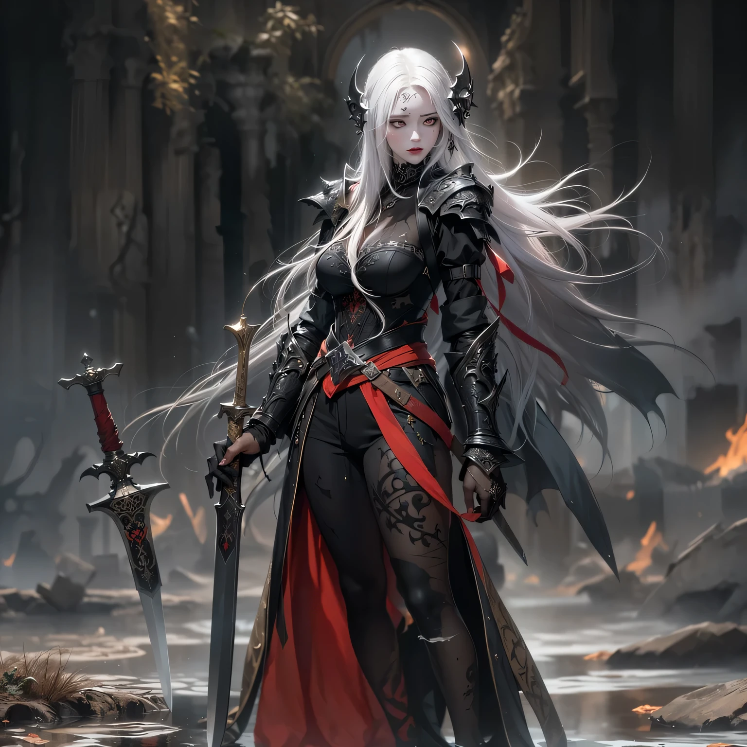 A close up of a woman in a black and red outfit holding a sword - SeaArt AI
