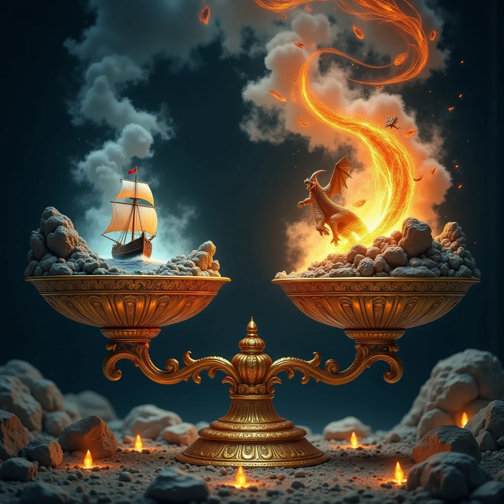  There are Scales on Which in the First Bowl Lies a Ship That Sails Through the Depths of the Sea In thick fog, water flows from the bowl, The second Bowl depicts Mountains and the Dragon Beautiful black with big wings and Who Breathes Fire lava flows from the bowl ,  Golden Scales with Long Bowls on Gold Chains Thin with Close-up Patterns Empty Dark Background Shrouded in Magic Smoke, masterpiece,  Maximum Quality ,  Digital Processing,  Complex Details ,  better quality,  ultra detail, 16K resolution, 