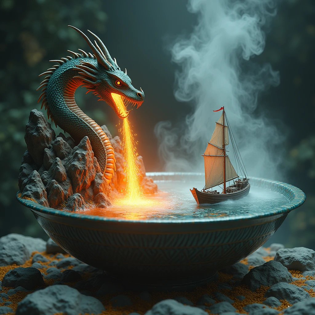  There are Scales with a Ship in the First Bowl That Sails Through the Sea In the thick fog, water flows from the bowl, The second Bowl depicts the Mountains and the Dragon Who Breathes Fire lava Pours out of the bowl , Golden Scales with Close-up Patterns Empty Dark Background Shrouded in Magic Smoke , masterpiece,  Maximum Quality ,  Digital Processing,  Complex Details ,  better quality,  ultra detail, 16K resolution,
