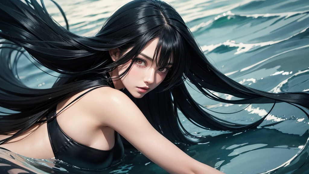 1girl, (solo:1.2),(black hair black:1.3), (long hair:1.3), large breasts, competition swimsuit,