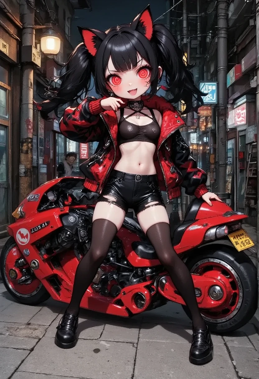  1 girl, sitting,, Leaning Back , Put your legs forward , thick eyebrows,( sexy and seductive pose :1.3), Black Goth Punk Fashion , Teenage Girls ,Long Hair,  captures the ears and tails of cats, Big Scooter ,Very low seat, Low vehicle height ,A Step Ahead ,, Hi-Res,masterpiece, High Quality , 
( photorealistic :1.4), RAW Photos,(Surreal details), portrait,shadow, beautiful skin , Detailed Face and Eyes , glossy lips,Female Curves, Brilliant Contrasts ,8k, Ultra Sharp , Red,cycling,,Neon Cyberpunk Cities  ,Moonlit Night、 don't wear clothes and pants and bras、 open your legs、Drilling the clitoris、Sunburn、 I'm sleeping、Being raped、Naked s、spread pussy、breast milk, grabbing own breasts by hands、