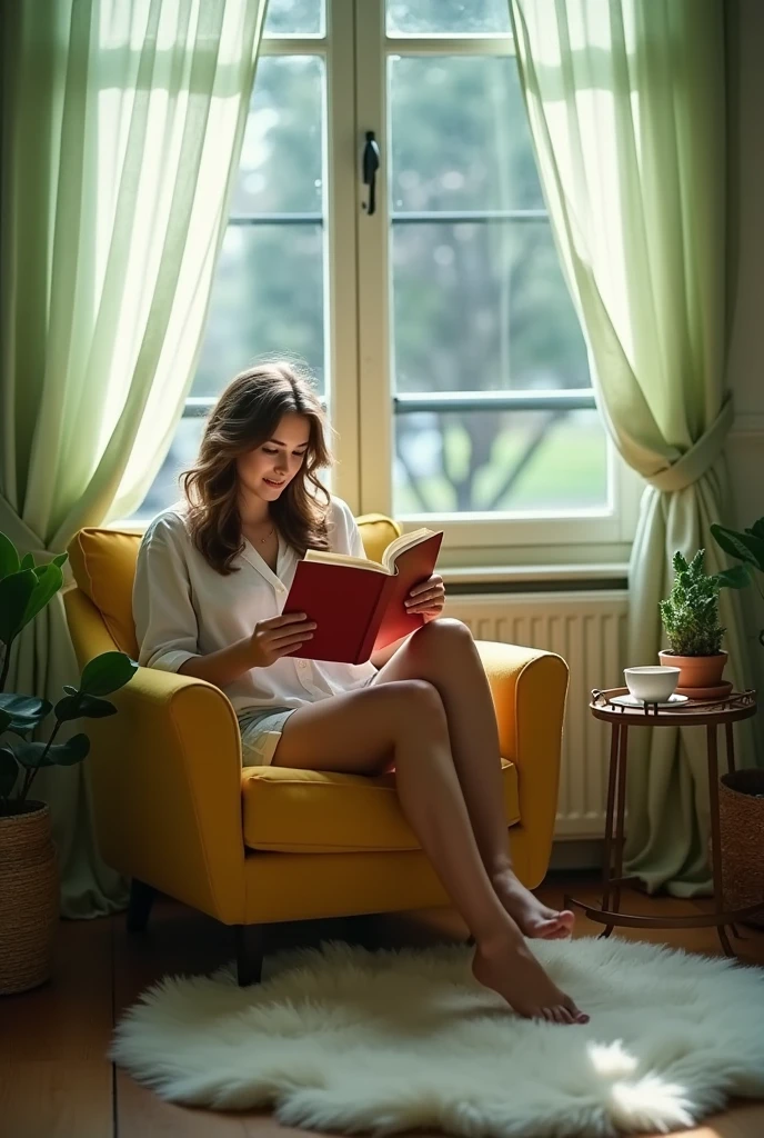 "A masterpiece, best quality (1.2): Brooke-babe, seated on a yellow lounge chair by a white French window with pastel green sheer curtains. She is reading a book with a red cover, one leg folded up on the chair. The setting includes a white furry rug and indoor plants, illuminated by soft, natural light that creates a gloomy, dreamy ambiance. A small table next to her holds a cup of coffee,  adding a cozy touch to the scene." close up